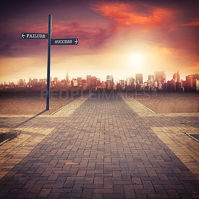 Buy stock photo Crossroads, business and decision at road sign for future direction to city for career opportunity, choice or location. Street, options and journey dilemma for employee question, intersection or path