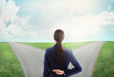 Buy stock photo Concept shot of a young businesswoman at a crossroads crossing her fingers
