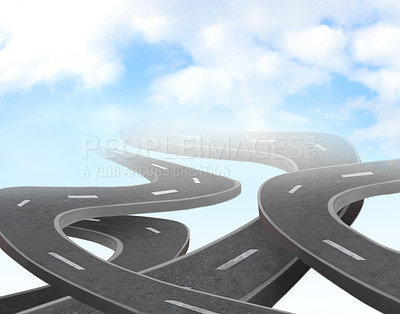 Buy stock photo Highway, road and business decision or choice for opportunity with crosswalk, future or dilemma. Street, direction and journey or corporate company growth or pathway split, options or intersection