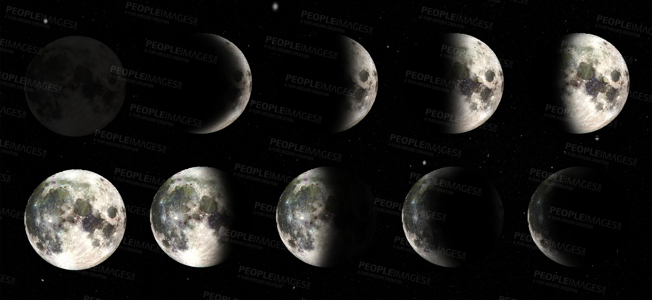 Buy stock photo Universe, outer space and solar system with moon stages on dark sky, stars and eclipse with natural light. Galaxy, world and discover to explore with galaxy or cosmic elements and composite