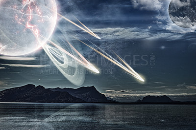 Buy stock photo Tranquil seascape in Norway with a ghostly planet flinging objects onto the earth's surface