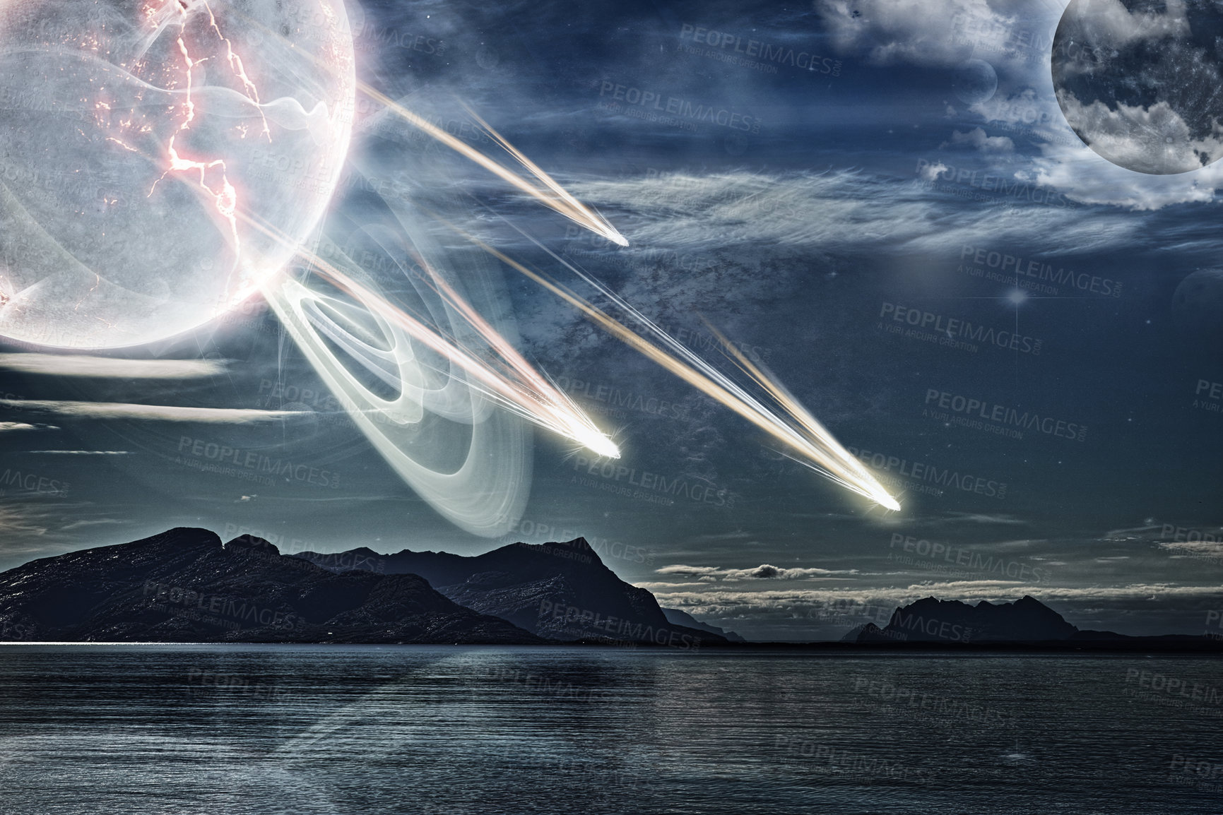 Buy stock photo Tranquil seascape in Norway with a ghostly planet flinging objects onto the earth's surface