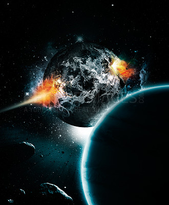 Buy stock photo Solar system, galaxy and planet in universe with sun for light in sky, space and world with climate change. Elements, fire, and asteroid rocks in atmosphere for cosmic environment and human life.