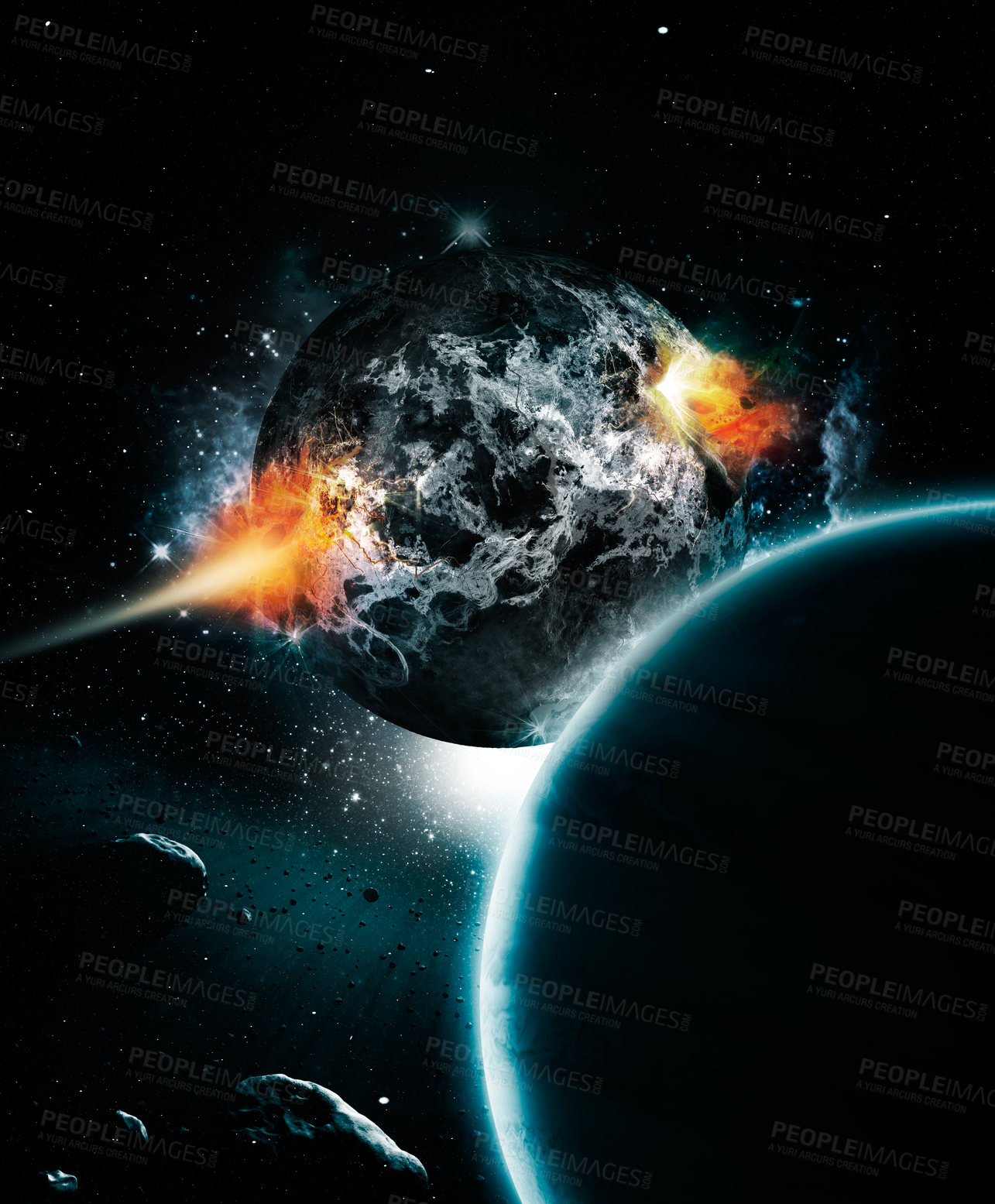 Buy stock photo Solar system, galaxy and planet in universe with sun for light in sky, space and world with climate change. Elements, fire, and asteroid rocks in atmosphere for cosmic environment and human life.