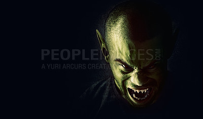 Buy stock photo Monster, man and devil face in studio for fantasy, horror and angry vampire with fangs, scary and terror. Werewolf, demon and creepy creature with mockup, rage and surreal alien on black background