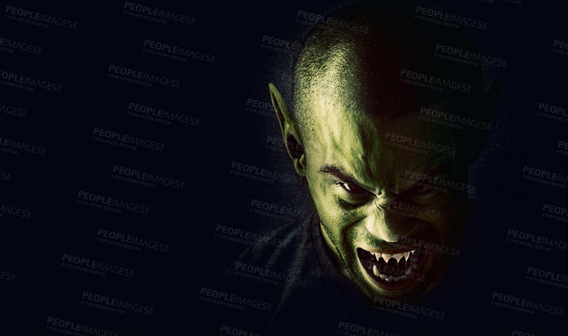 Buy stock photo Monster, man and devil face in studio for fantasy, horror and angry vampire with fangs, scary and terror. Werewolf, demon and creepy creature with mockup, rage and surreal alien on black background