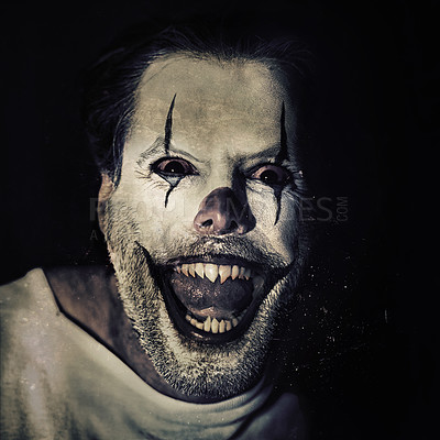 Buy stock photo Portrait of an evil clown with face paint on a black background