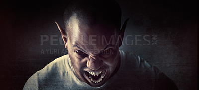 Buy stock photo Monster, man and demon face in studio for fantasy, horror and angry vampire with fangs, scary and terror. Werewolf, devil and creepy creature with shouting, rage and surreal alien on black background