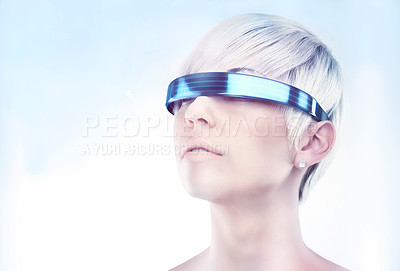 Buy stock photo A futuristic view of a young woman with glasses