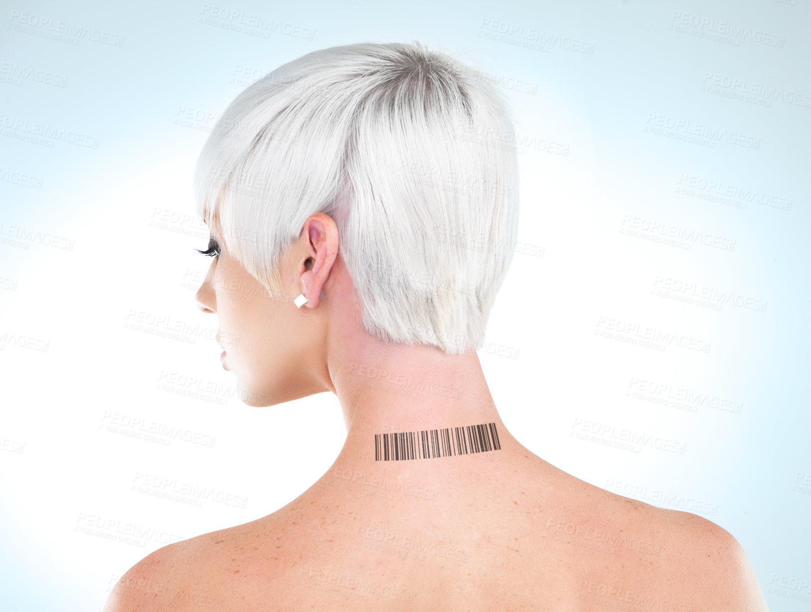 Buy stock photo Back, woman and barcode on her neck, data and registration on a blue studio background. Model, mockup space and innovation with tech and cyber with ai and futuristic with automation and serial number