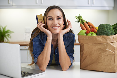 Buy stock photo Happy woman, laptop and credit card with grocery bag for online shopping, order or payment in kitchen at home. Portrait of female person with smile, computer or debit in purchase or delivery at house