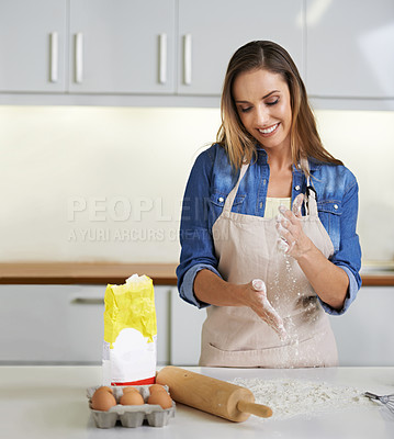 Buy stock photo Happy woman, baking and clapping hands with flour, dough or smile with ingredients in kitchen at home. Cooking, wheat and person with dust for pastry, food or eggs of chef with powder for preparation