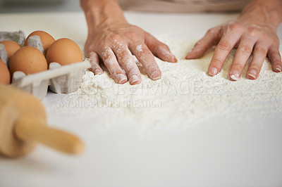 Buy stock photo Baking, kitchen and hands with eggs with flour for cake, bread and pastry preparation in home. Culinary, baker and closeup of ingredients, wheat and person for recipe, dough and food on counter