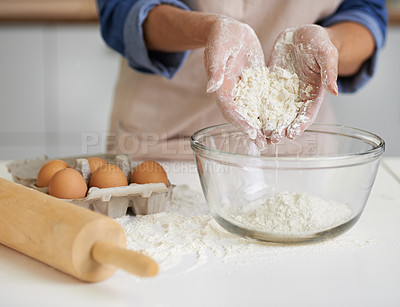 Buy stock photo Hands, person and flour with eggs, kitchen and rolling pin for baking. Baker, dough and food with countertop, apron and mixing for recipe preparation and recreation or hobby at home or house