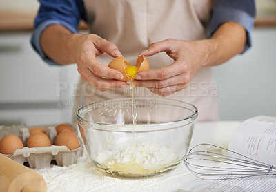 Buy stock photo Hands, person and eggs with flour, baking and kitchen for whisk with utensils. Baker, pastry and food with countertop, apron and cookbook for recipe preparation and recreation or hobby at house