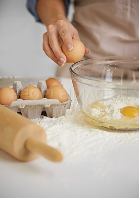 Buy stock photo Baking, kitchen and person with eggs and flour for cake, bread and pastry preparation in home. Culinary, bakery and closeup of ingredients, wheat and utensils for recipe, dough and food on counter