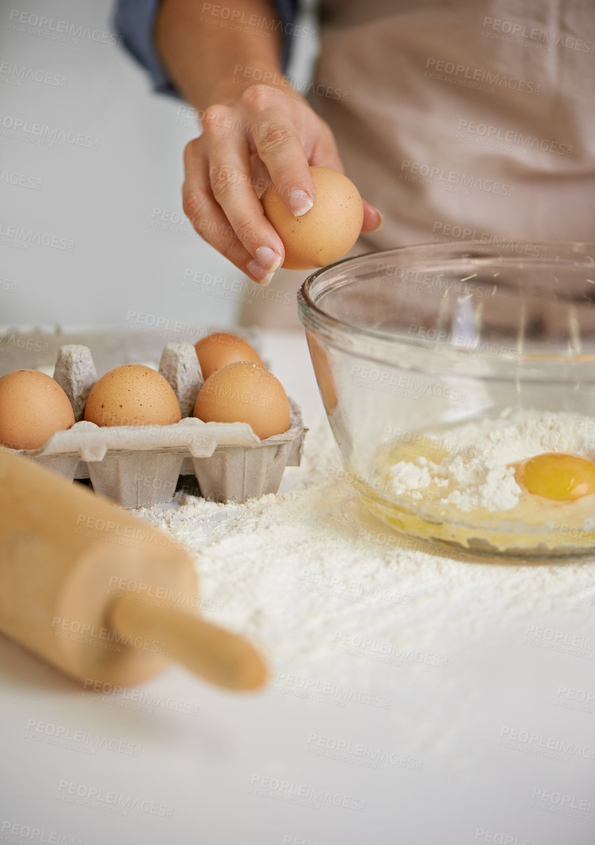 Buy stock photo Baking, kitchen and person with eggs and flour for cake, bread and pastry preparation in home. Culinary, bakery and closeup of ingredients, wheat and utensils for recipe, dough and food on counter