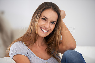 Buy stock photo Portrait, relax and woman on a couch, smile and happiness in a living room with weekend break and vacation. Face, cheerful person or girl on a sofa, peaceful or calm with joy in a lounge or apartment