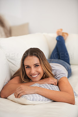 Buy stock photo Woman, portrait and relax on sofa in living room, calm and comfort with positive mood for leisure. Rest, lying down with pillow and smile for stress relief, break on day off or weekend at home