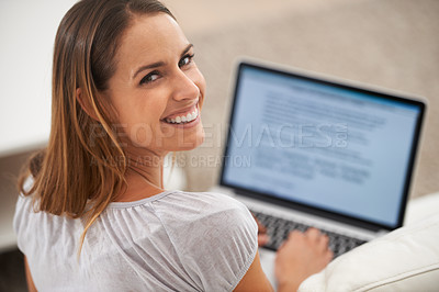 Buy stock photo Portrait, woman or laptop on sofa as writing, blog or email on internet, news or social network. Smile, female person or computer as reading, online communication or ebook as digital download