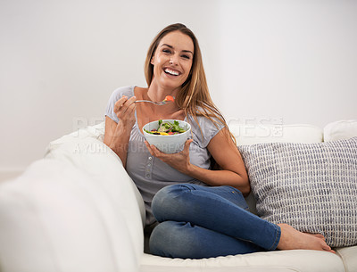 Buy stock photo Portrait, salad and happy woman on home sofa, diet and nutrition for heath and detox. Weight loss, food and vegetables for vegan female person, vitamins and fibre for digestion and wellness benefits 
