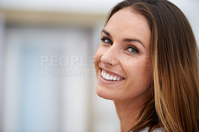 Buy stock photo Portrait, woman and happy in city to relax, calm and healthy in outdoor on weekend break. California, face and lady in nature on summer holiday, closeup and positive for travel leisure in urban town