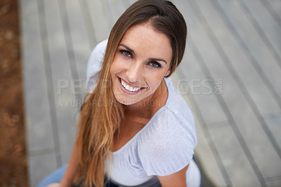 Buy stock photo Portrait, young woman or happy in outdoor in city, relax or travel adventure for wellness on holiday. French person, face or smile in urban town on summer vacation, above or satisfaction in france