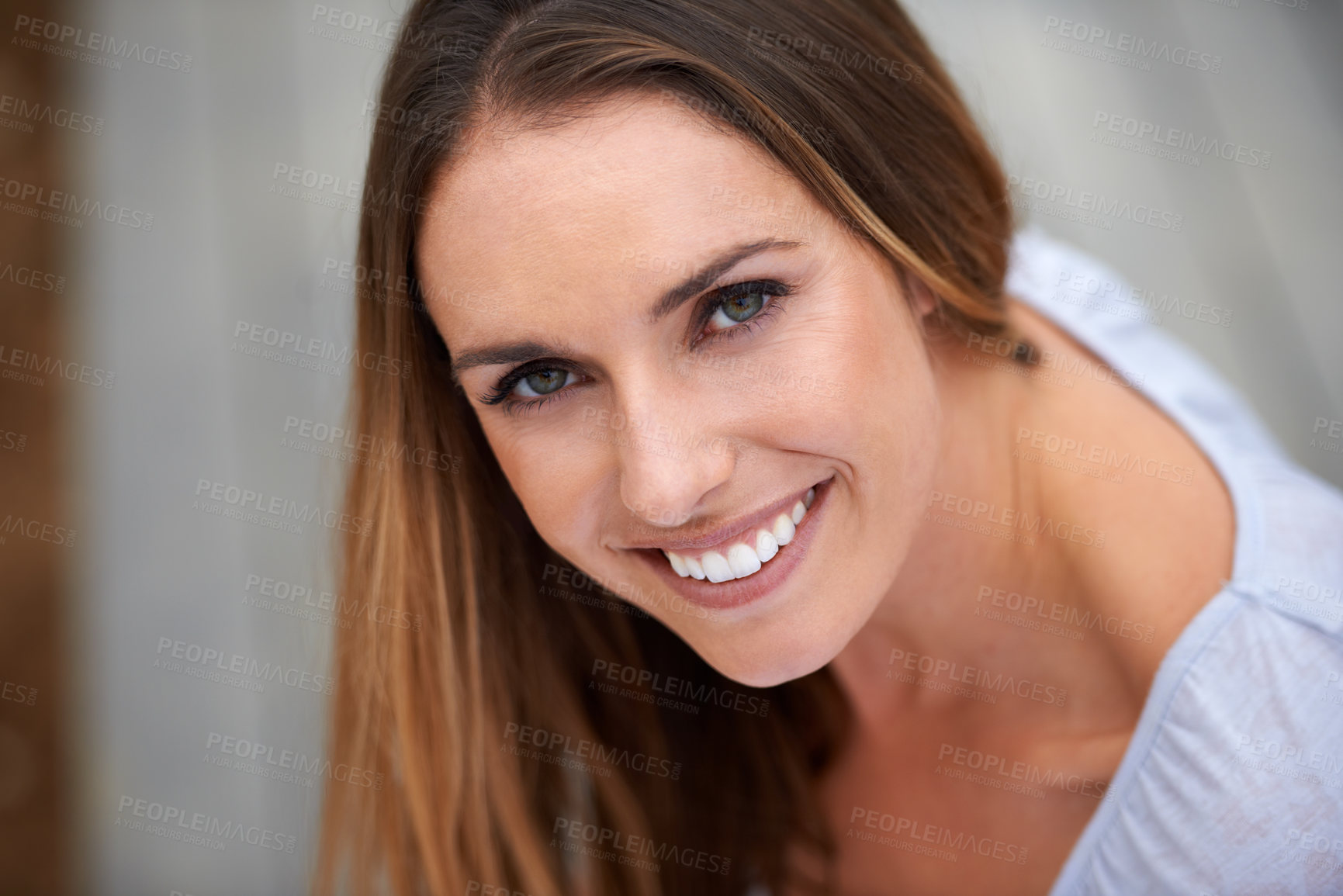 Buy stock photo Portrait, woman and smile in outdoor to relax, calm and healthy in city on weekend break. California, face and lady in nature on summer holiday, closeup and happy for travel leisure in urban town