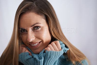 Buy stock photo Portrait, fashion and smile for woman person in studio, sweater and playful on white background. Confidence, stylish and cardigan for female Canadian, casual or contemporary outfit for cold weather