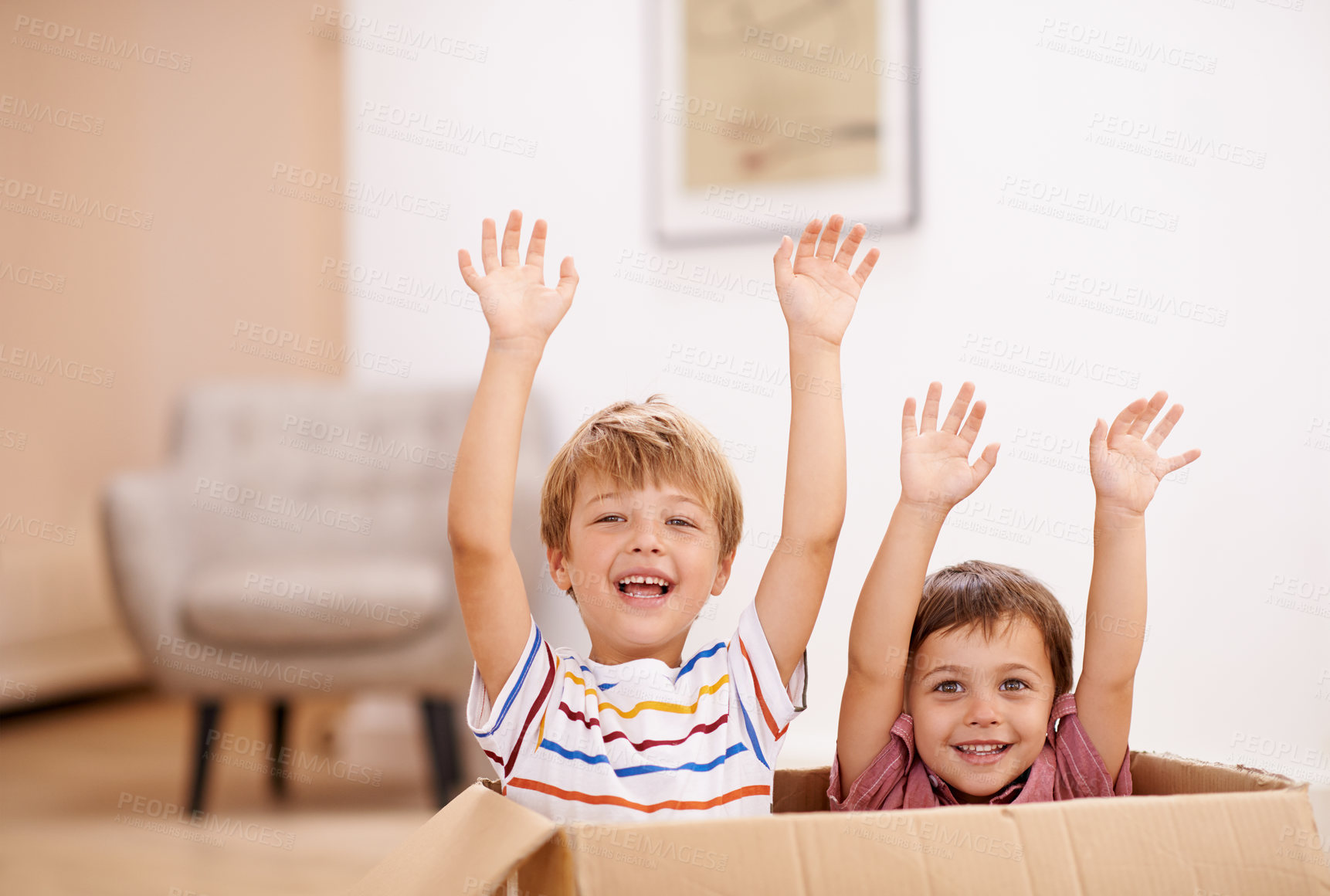 Buy stock photo Children, box and play in living room for sibling, child and surprise for hand in air and laugh for joy in home. Young kid, friend and innocent for adorable and cute with boy and carefree for excited