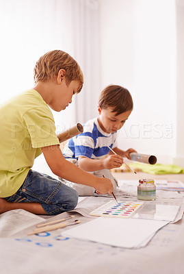 Buy stock photo Creative, children and painting in home for development, colorful activity and fun education together. Kids, drawing and learning with paper for bonding, future artist or homework with art project