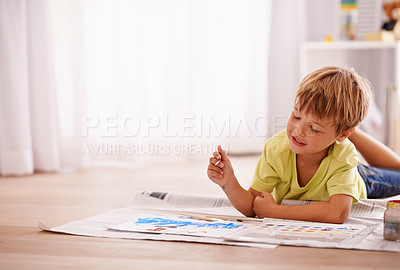 Buy stock photo Boy, smile and drawing on floor in bedroom for child development, creative activity and fun education. Kid, paint and relax at home with paper for learning, future artist and hobby with happiness
