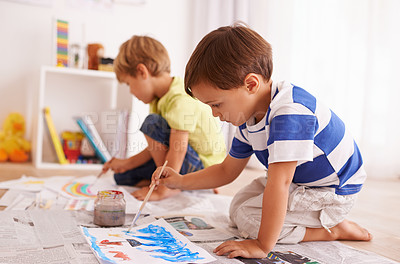 Buy stock photo Children, paper and painting on floor in bedroom for artistic development, fun activity and art education. Brothers, drawing and relax at home for learning, creative hobby and bonding together