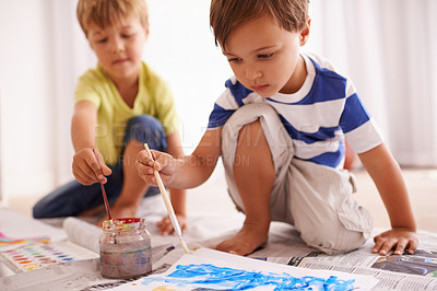 Buy stock photo Creative, boys and painting in playroom for child development, art project or homework together. Little friends, brush and drawing on paper for learning, education and bonding activity in home