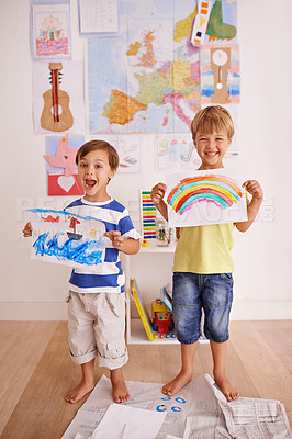 Buy stock photo Excited, children and portrait with paper for artwork, display and presentation of drawing in playroom. Smile, kids and painting with happiness for creative, success and future artist in home