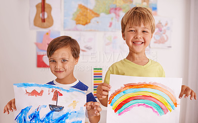 Buy stock photo Paper, art and portrait of children with presentation for painting, display and poster in playroom. Smile, brothers and kids with drawing with happiness for creative, project and homework in house