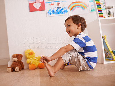 Buy stock photo Floor, boy or child with smile for playing and learning with development and growth at home in playroom. Happiness, activity and playful with teddy bear, young toddler kid and fun games for 