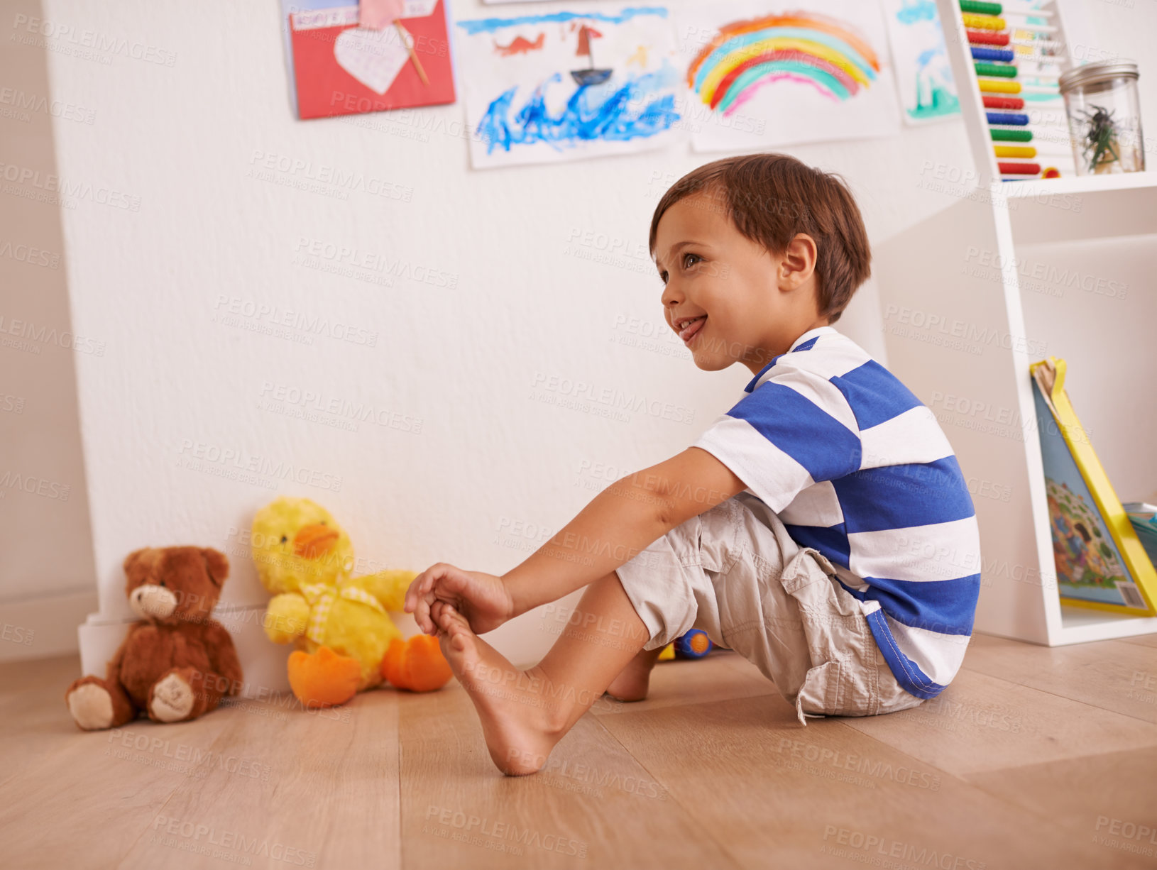 Buy stock photo Floor, boy or child with smile for playing and learning with development and growth at home in playroom. Happiness, activity and playful with teddy bear, young toddler kid and fun games for 