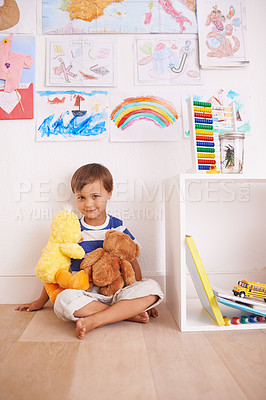 Buy stock photo Child, toy and portrait with teddy, smile and happiness for fun and joy at home or daycare. Boy, play and positive with stuffed animal, laugh and childcare for growth and cheerful on wood floor