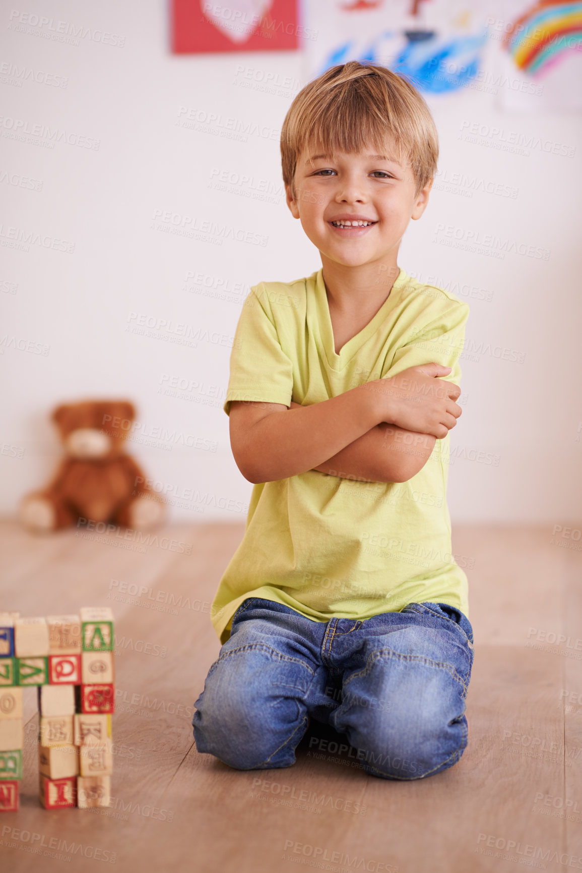 Buy stock photo Smile, portrait or kid with building blocks for playing and learning for development or growth in playroom. Relax, playful or happiness with activity, young child toddler and fun games for creativity