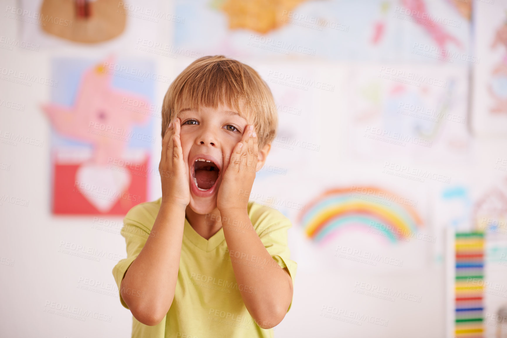 Buy stock photo Excited, scream and portrait of kid in kindergarten for learning, knowledge and development in classroom. Child, education and hand on face for surprise, shock and happiness for school achievement