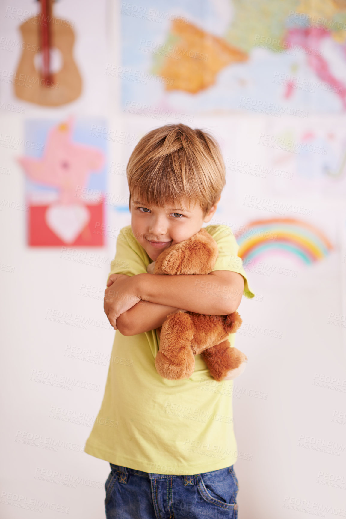 Buy stock photo Happy, portrait and child hug teddy bear in kindergarten, class and comfort from stuffed animal. Kid, embrace and cuddle toys for support in school, classroom and playing with kindness and love