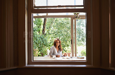 Buy stock photo Window, nature and woman person journaling in home, porch or sun room for relax. Spring, writing and reading with coffee in house with greenery, author or female writer with books and notepad