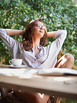 Buy stock photo Cup, thinking and woman at coffee shop, cafe and restaurant to relax for tea, cappuccino and espresso on break. Gen z girl, female person and lady with vision, idea and book for reading outdoor 