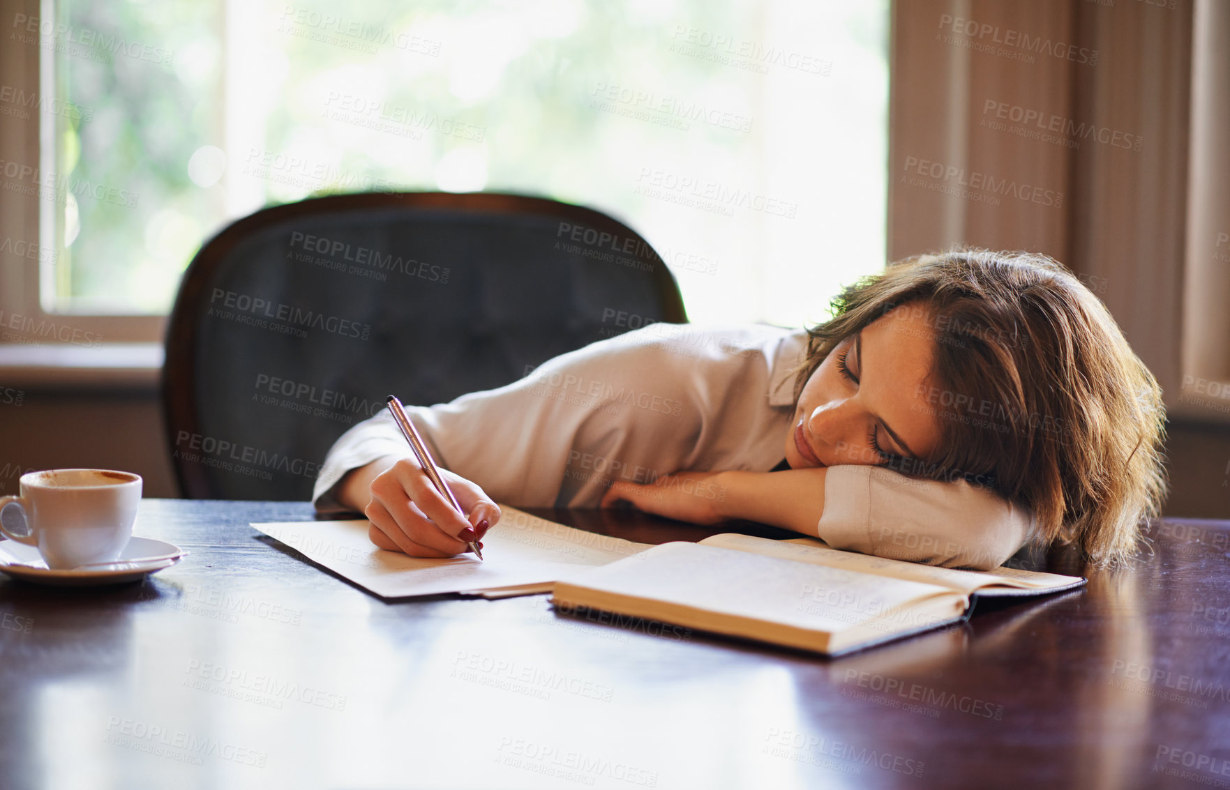 Buy stock photo Remote work, sleeping and tired woman with books, fatigue or snooze while writing in home office. Freelance, burnout or female writer with pen in a house exhausted by reading, research or novel notes