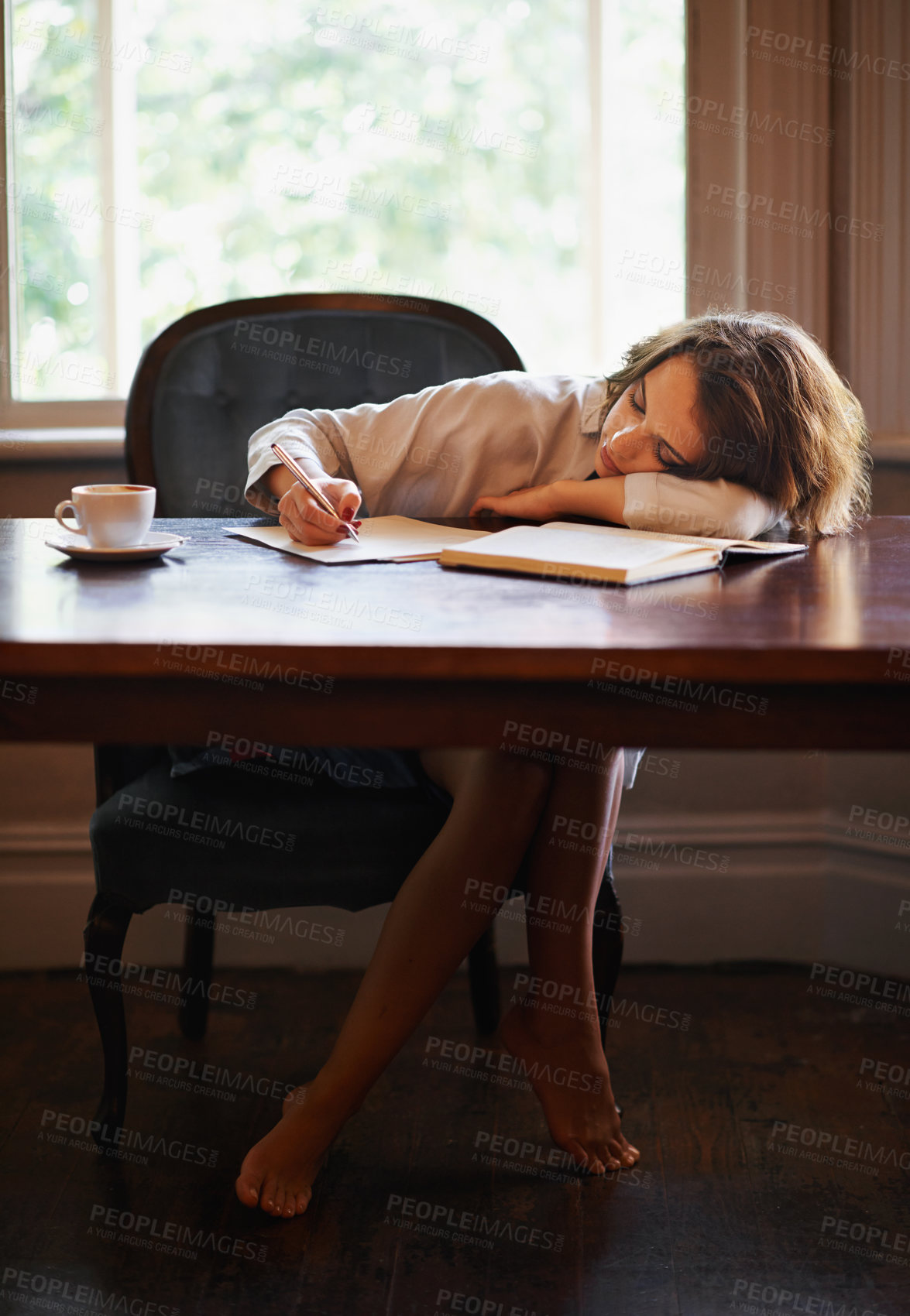 Buy stock photo Sleeping, remote work and tired woman with books, fatigue or snooze while writing in home office. Freelance, burnout or female writer with pen in a house exhausted by reading, research or novel notes