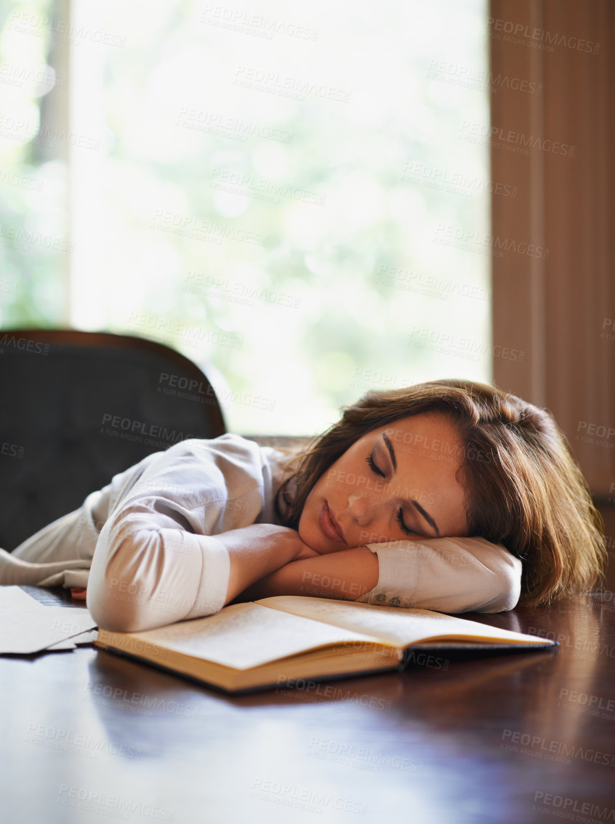 Buy stock photo Sleep, remote worker and tired woman with books, fatigue or snooze while writing in home office. Freelance, burnout or female writer nap in a house exhausted by reading, research or novel notes