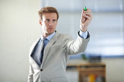 Buy stock photo Businessman, marker and hand drawing on glass for presentation, sketch and writing in office workshop. Pen, professional and touchscreen for idea, technology and serious salesman on virtual board