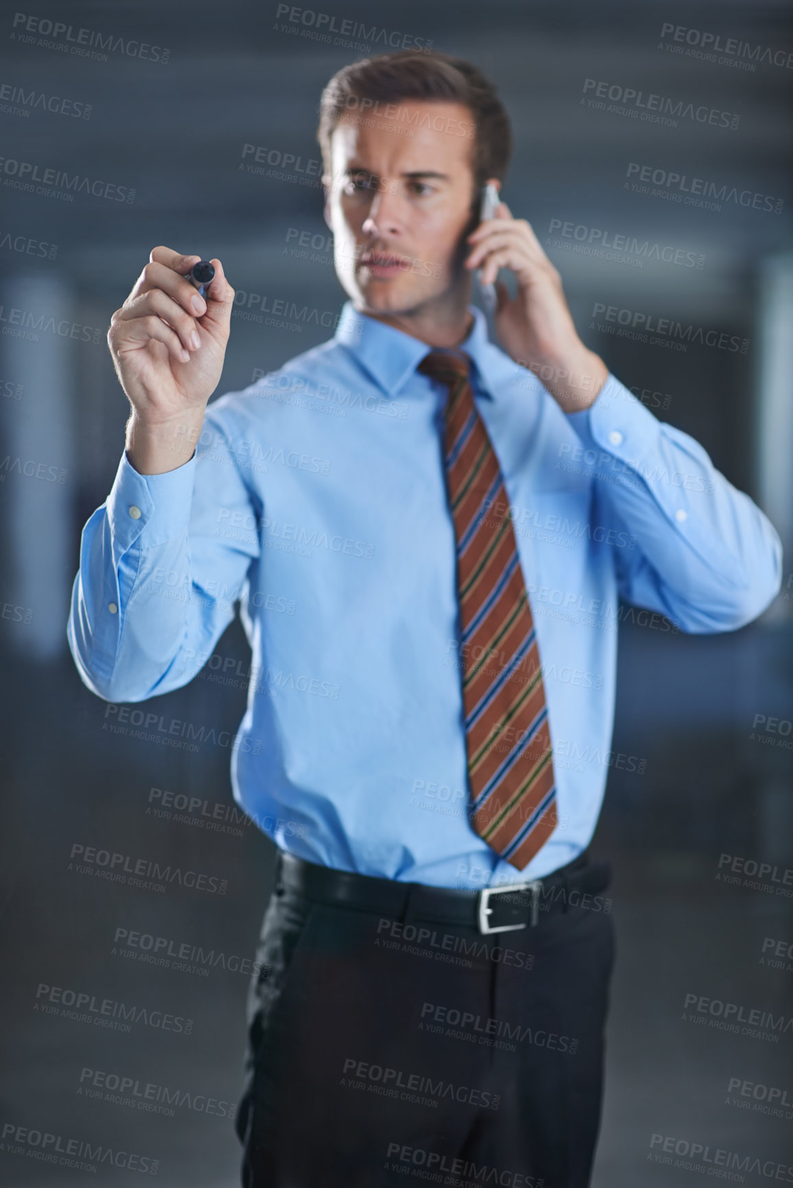 Buy stock photo Businessman, planning and writing on glass with pen for notes of phone call, ideas or strategy for future. Virtual, communication and man problem solving on window or screen in workplace with contact