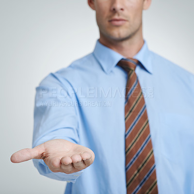 Buy stock photo Businessman, open palm and hand in white background, corporate and financial help in studio. Professional person, standing and asking for support, company and entrepreneur for startup project